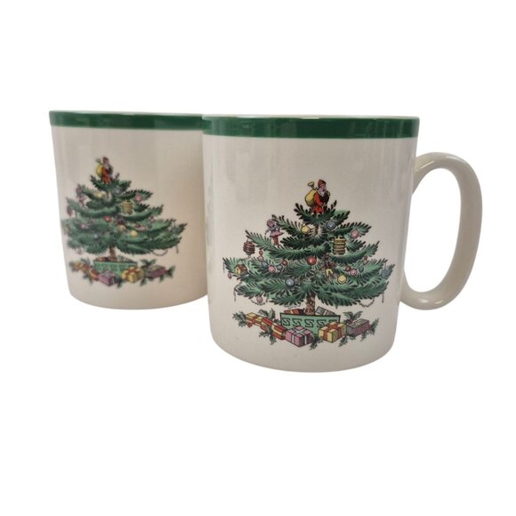 Spode Christmas Tree Mug Set of 2 Green Trim England S3324 Vintage Earthenware - Picture 8 of 10